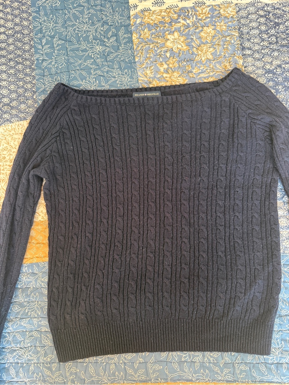 Brandy Melville Navy Boatneck/Off-Shoulder Cable-Knit Sweater